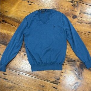Polo by Ralph Lauren Blue V-Neck Slim Sweater washable merino wool size medium
